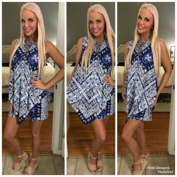 π₯°SALE! Indigo Front Lace Up Print Tunic Dress - Picture 2 of 4